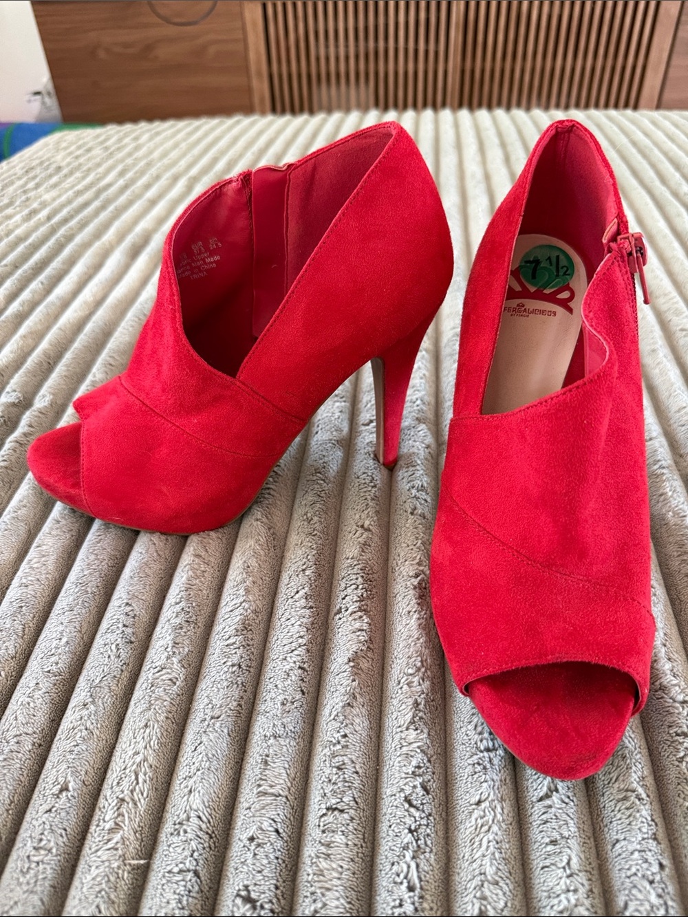 Fergalicious Red Suede Peep-Toe Stilettos